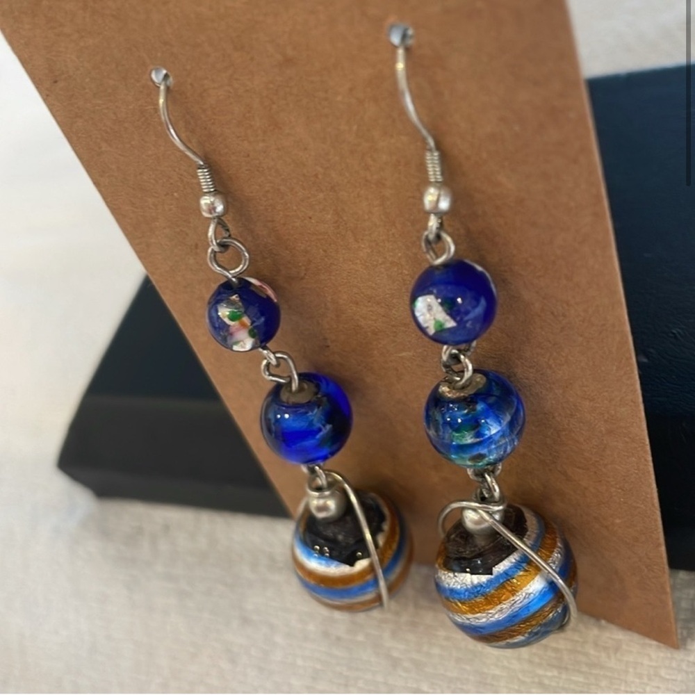Vintage Glass Art Deco Ball Drop Dangle Blue Metallic Earrings - Picture 3 of 6